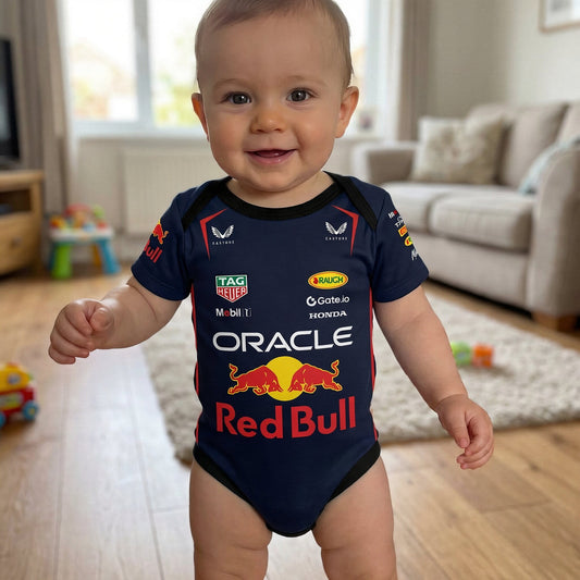 toddler wearing a 2025 red bull racing baby bodysuit onesie