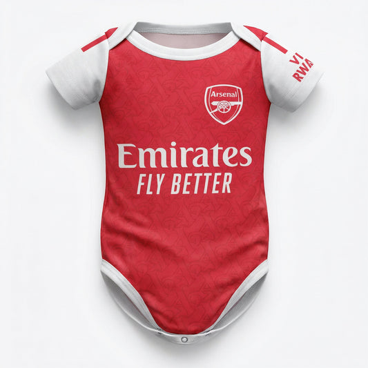 Arsenal 25/26 baby bodysuit front view red kit with Emirates Fly Better sponsor and cannon crest