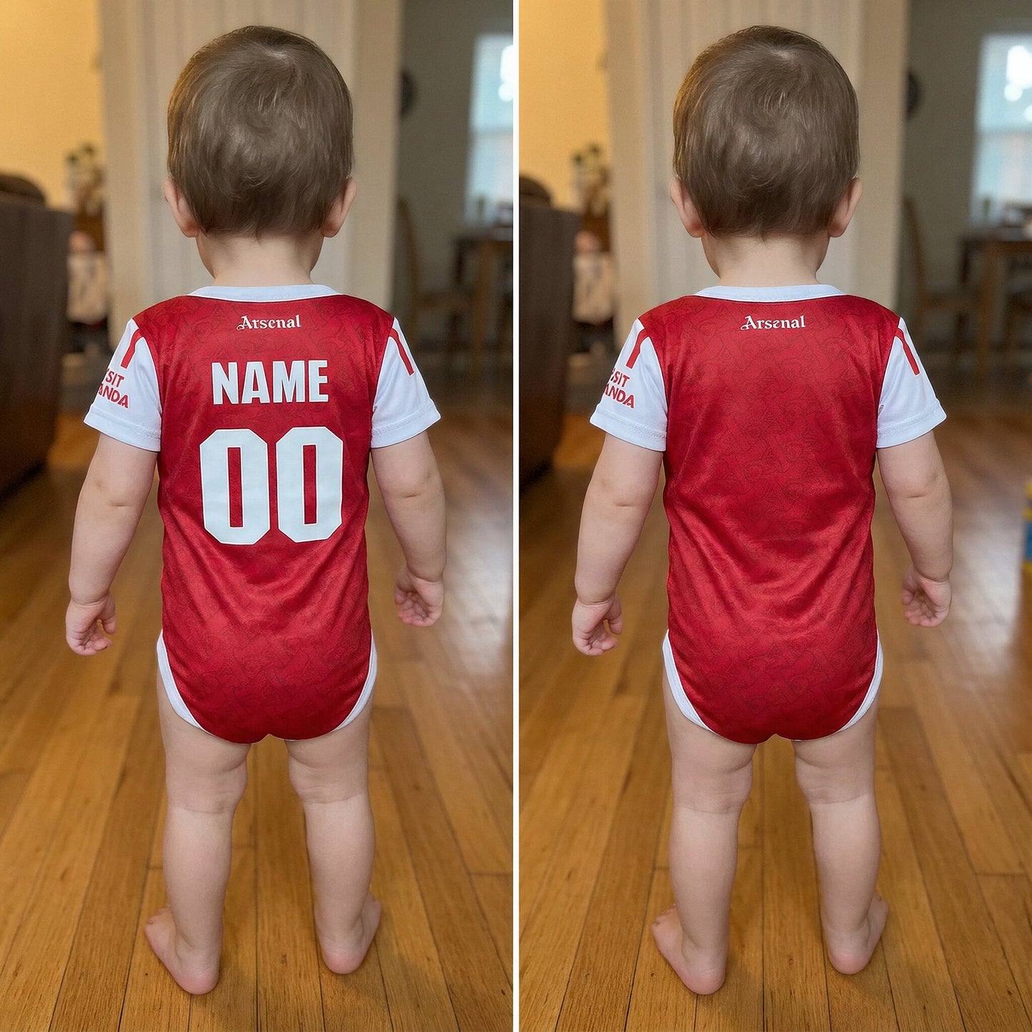 toddler wearing Arsenal 25/26 bodysuit from behind showing custom name and number print option