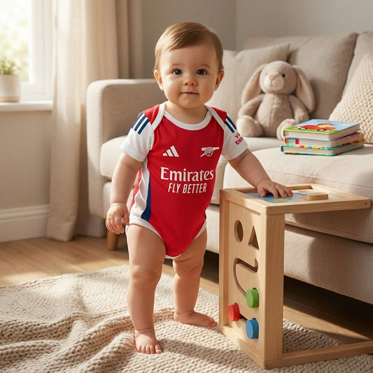 baby wearing Arsenal football onesie standing up
