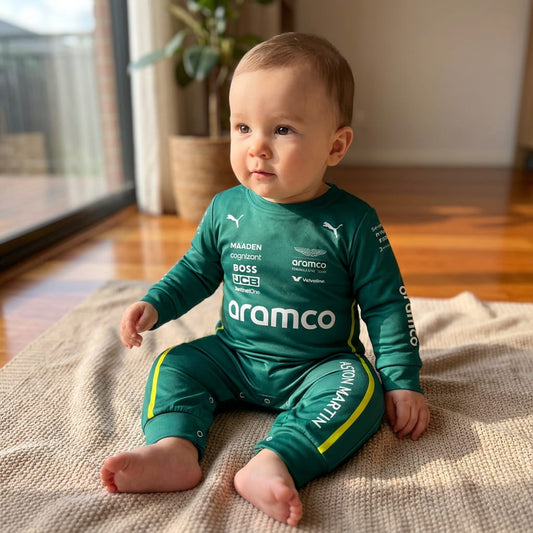 Cute Baby sitting on the foor posing with Aston Martin racing Formula One inspired baby oneise jumpsuit