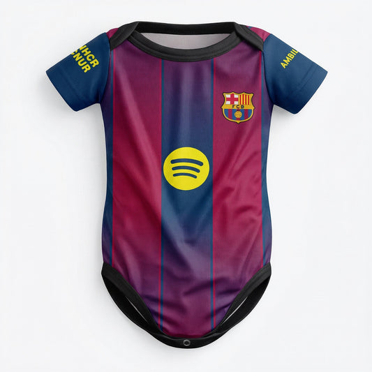 Barcelona 25/26 baby bodysuit front view with FC Barcelona crest and Spotify logo