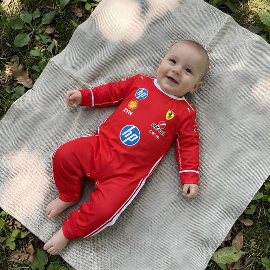 infant wearing a 2026 ferrari f1 baby onesie outdoors