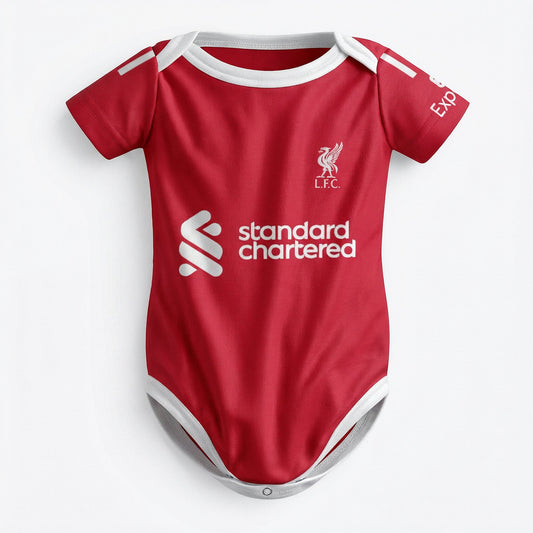 Liverpool FC 25/26 baby bodysuit front view with LFC crest and Standard Chartered sponsor