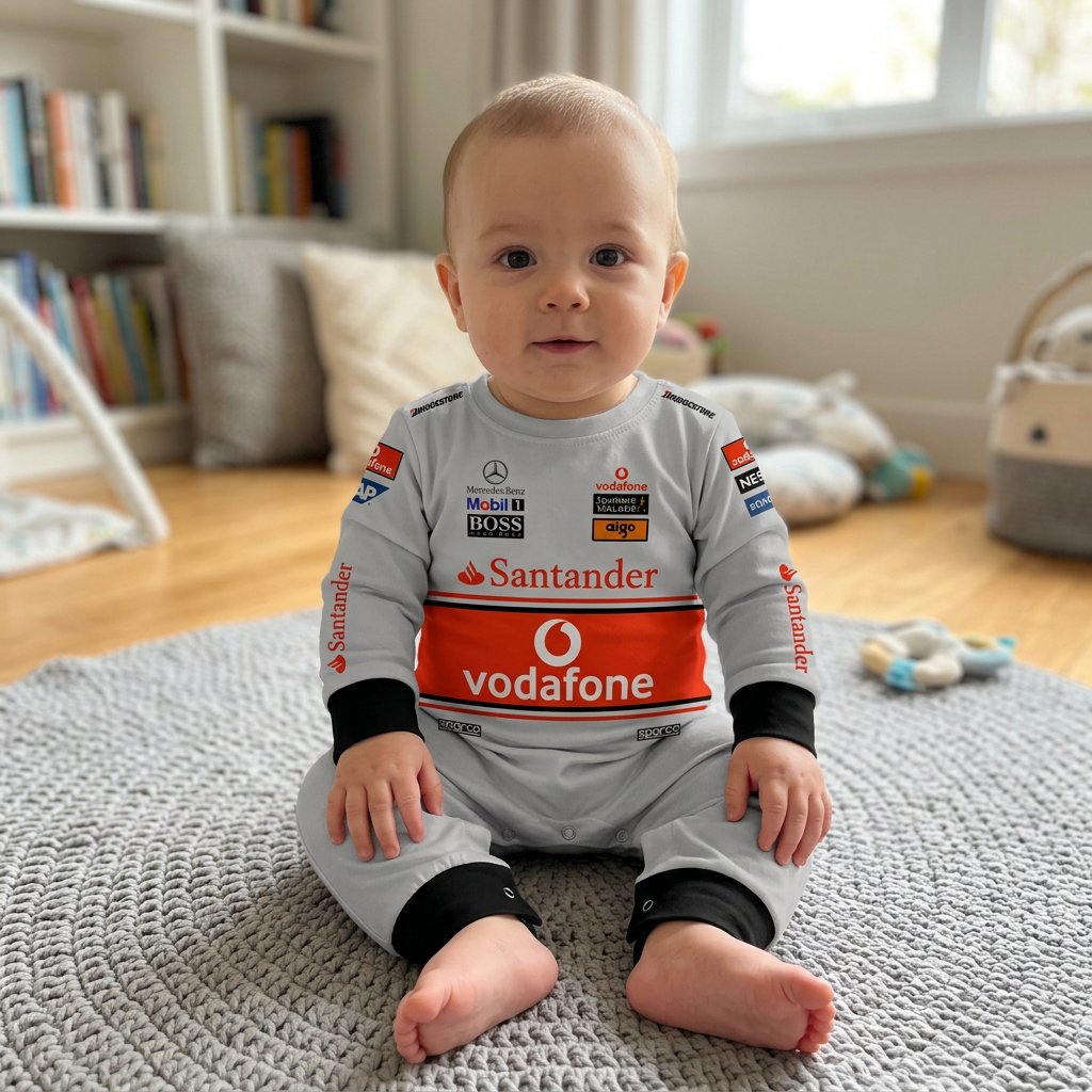 Baby sitting in McLaren 2008 racing onesie in playroom white F1 jumpsuit with Vodafone and Santander logos