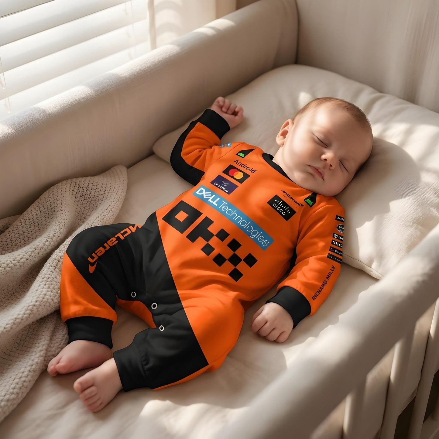sleeping newborn wearing mclaren racing baby onesie
