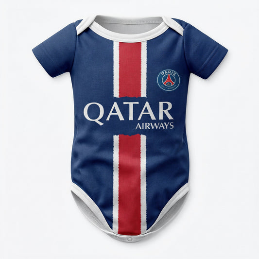 PSG 24-25 baby bodysuit front view navy blue with Qatar Airways sponsor and red stripe