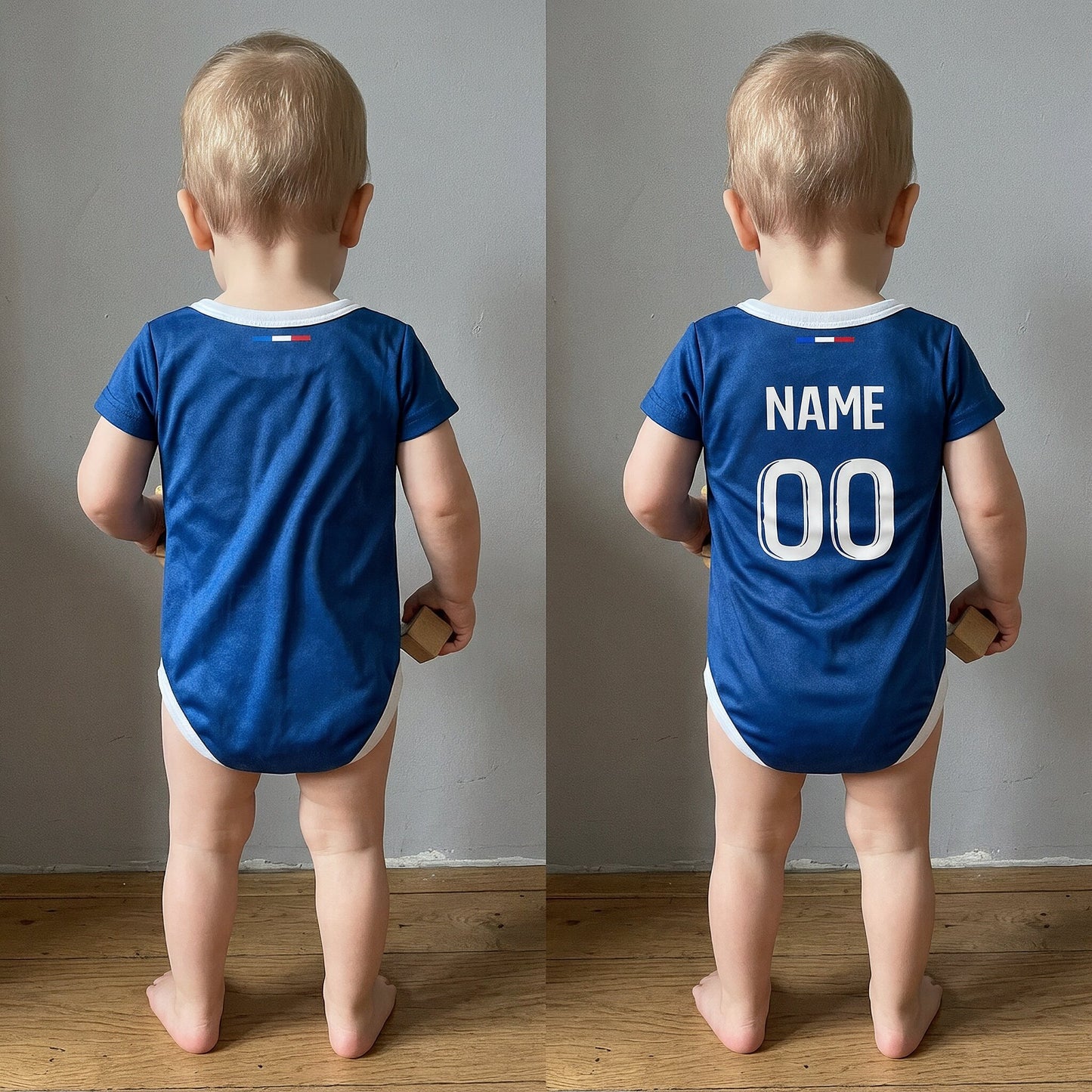 baby wearing PSG bodysuit from behind showing plain back vs custom name and number personalization option