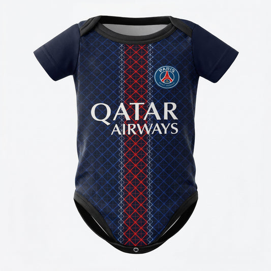 PSG 25/26 baby bodysuit front view with Qatar Airways logo and diamond pattern