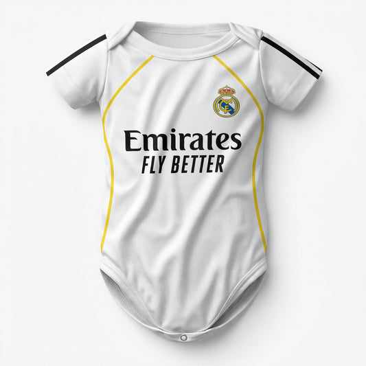 Real Madrid 2025-26 baby bodysuit front view with Emirates Fly Better sponsor and club crest