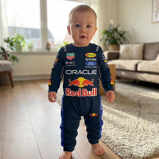 toddler wearing 2026 Red Bull F1 bodysuit standing