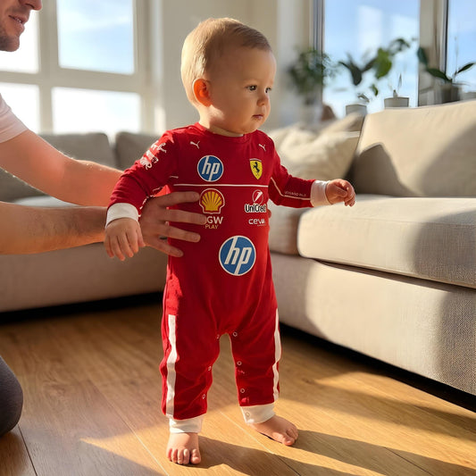 baby wearing a scuderia ferrari baby onesie jumpsuit