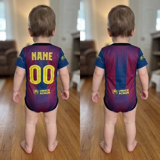 Personalised football baby bodysuit in maroon and blue stripes shown with custom name and number 00 beside a plain version