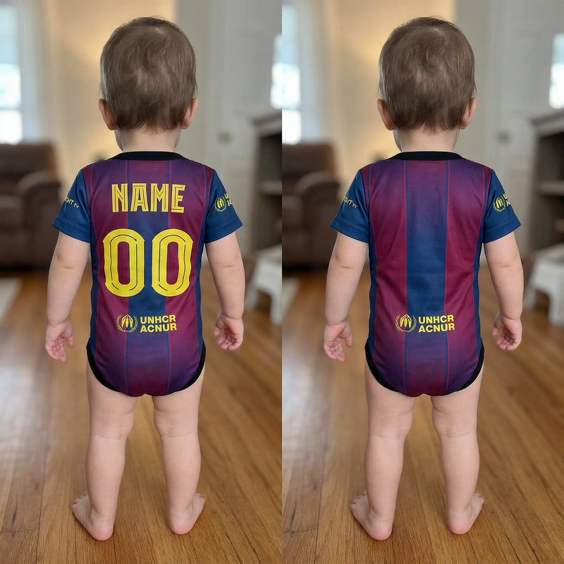 Personalised football baby bodysuit in maroon and blue stripes shown with custom name and number 00 beside a plain version