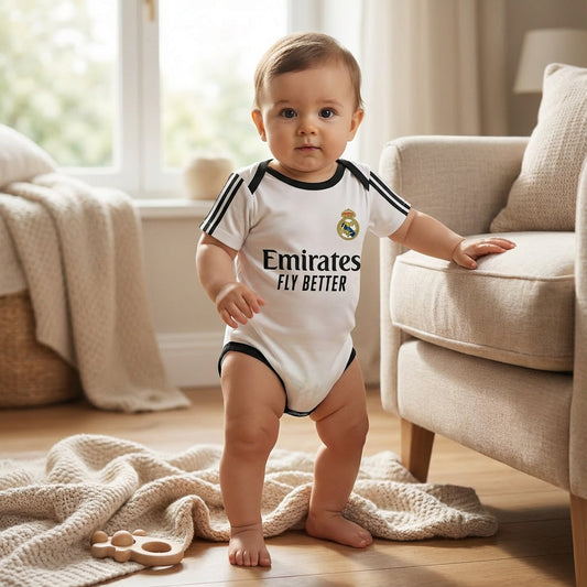 Baby wearing a white Real Madrid home kit bodysuit with club crest and Emirates chest print in a bright living room