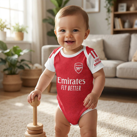 Smiling baby wearing personalised Arsenal FC 25/26 baby bodysuit with Emirates sponsor and cannon crest in bright home living room