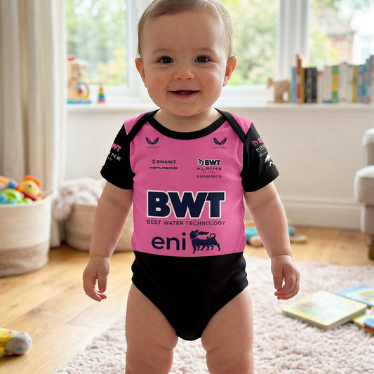 toddler wearing an alpine formula one themed baby bodysuit onesie