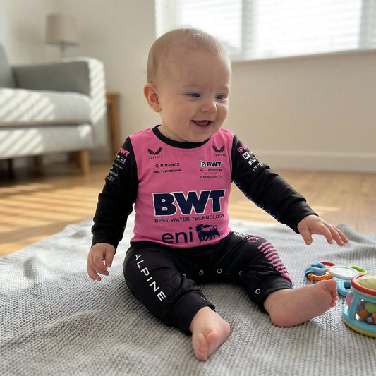 Smiling baby in pink and black BWT Alpine F1 racing outfit on a grey knit blanket, first season milestone photo