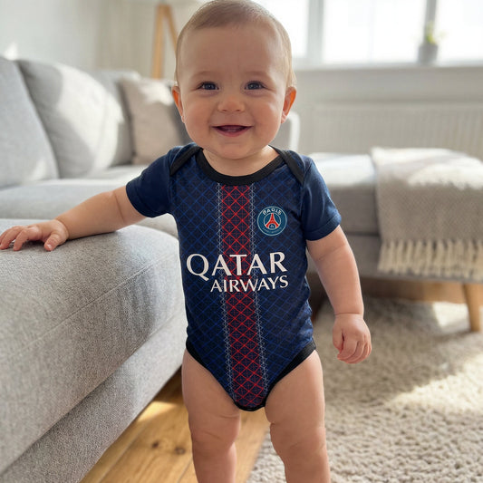 Smiling baby in navy PSG onesie with Qatar Airways logo and PSG badge standing by sofa in bright modern living room