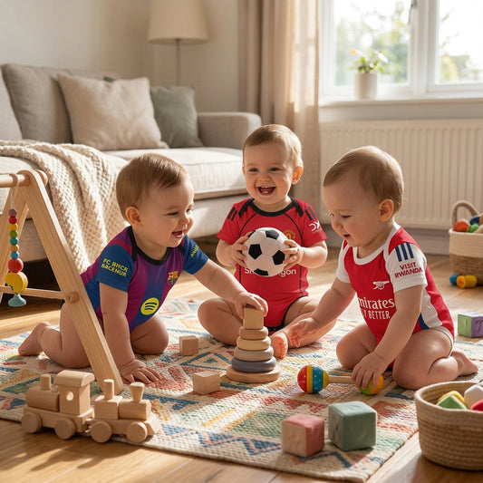 toddlers dressed in champions laegue football themed baby onesie bodysuits playing with toys on a living room floor