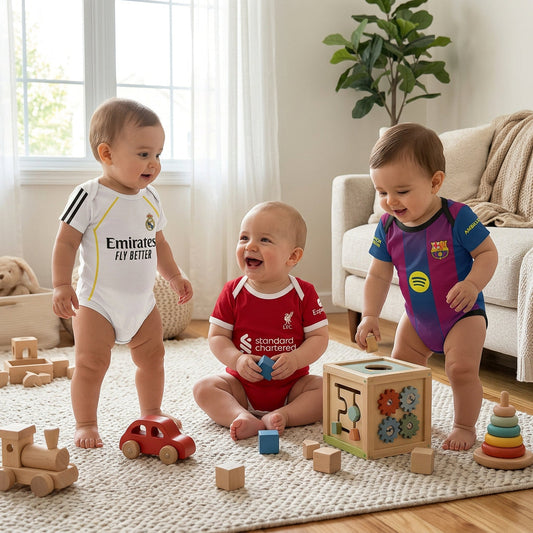 toddlers dressed in barcelona liverpool and real madrid playing together
