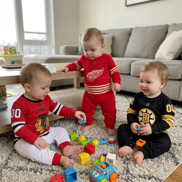 toddlers dressed in chicago blackhawks, detroit red wings and boston bruins hockey themed jumpsuit onesies playing together on a living room floor