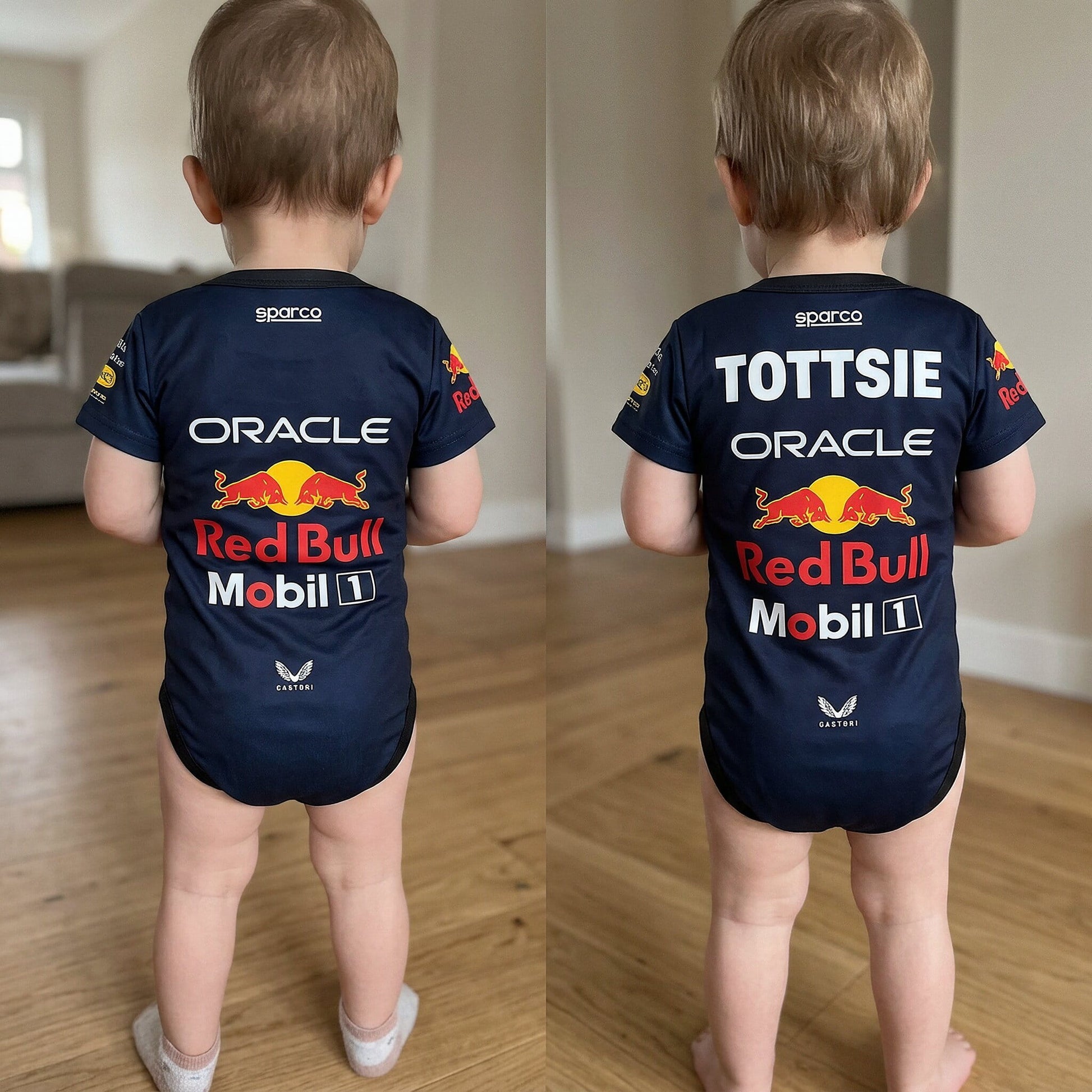 side by side comparison of personalzied and non personalized red bull acing baby onesie bodysuit