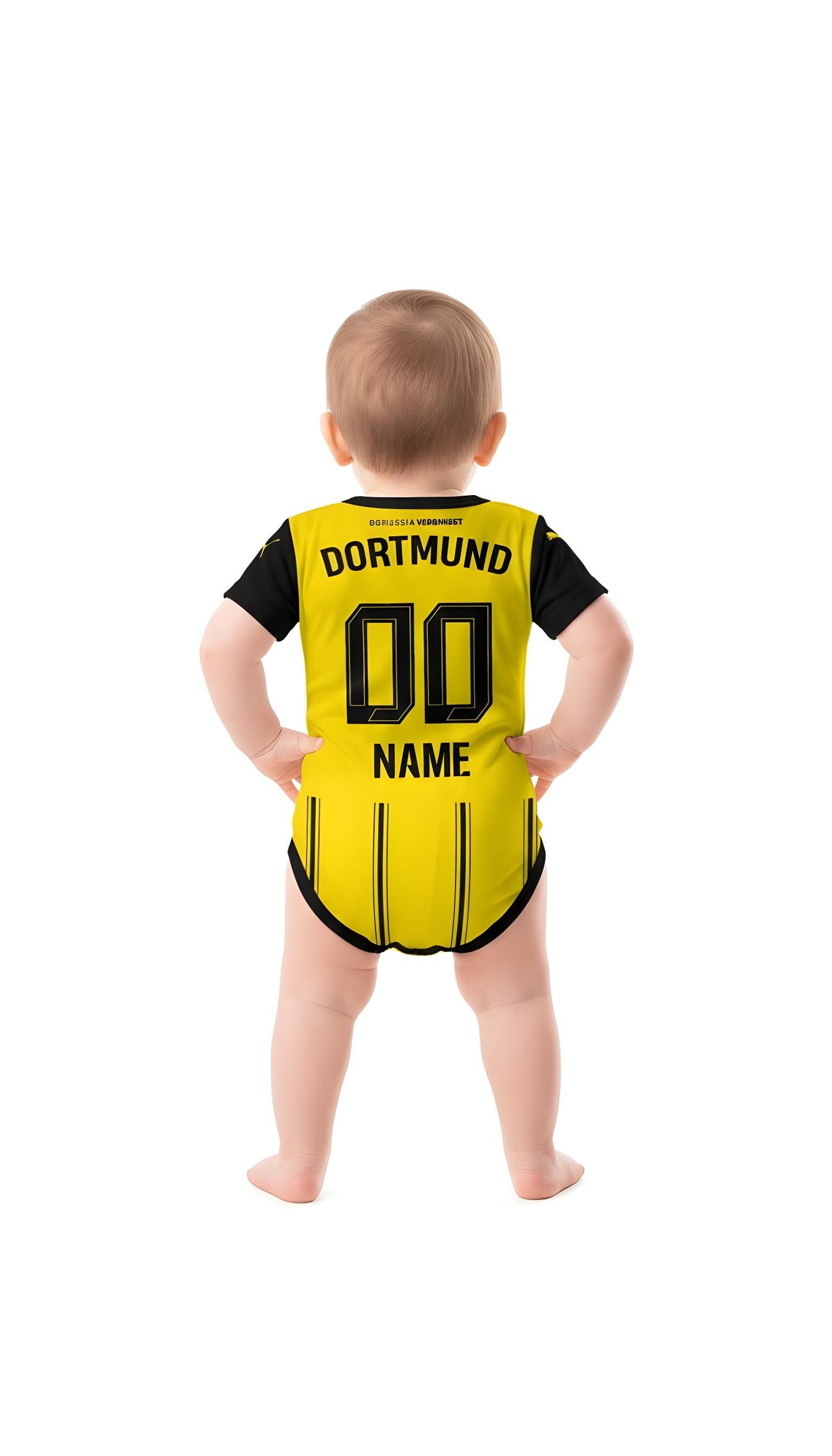 Borussia Dortmund baby onesie worn by a toddler back view