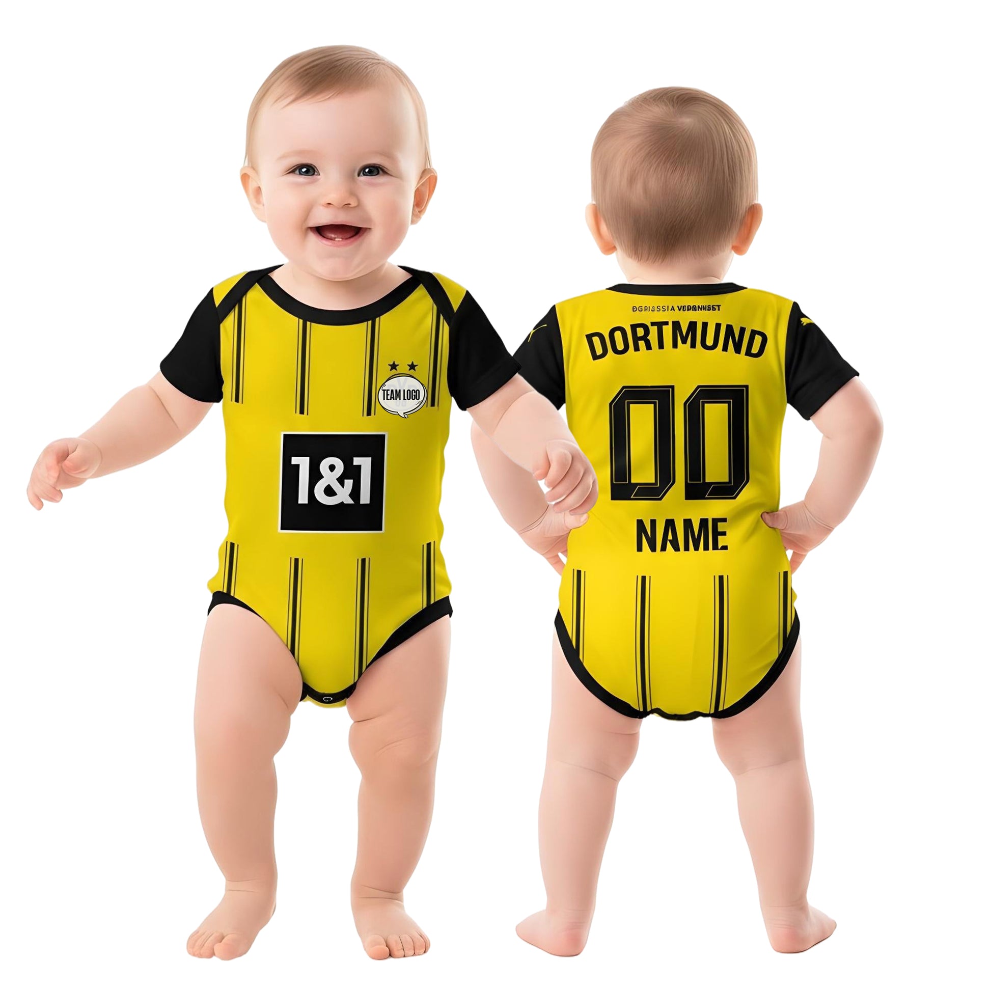 Borussia Dortmund fron and back view collage with a toddler wearing the bodysuit