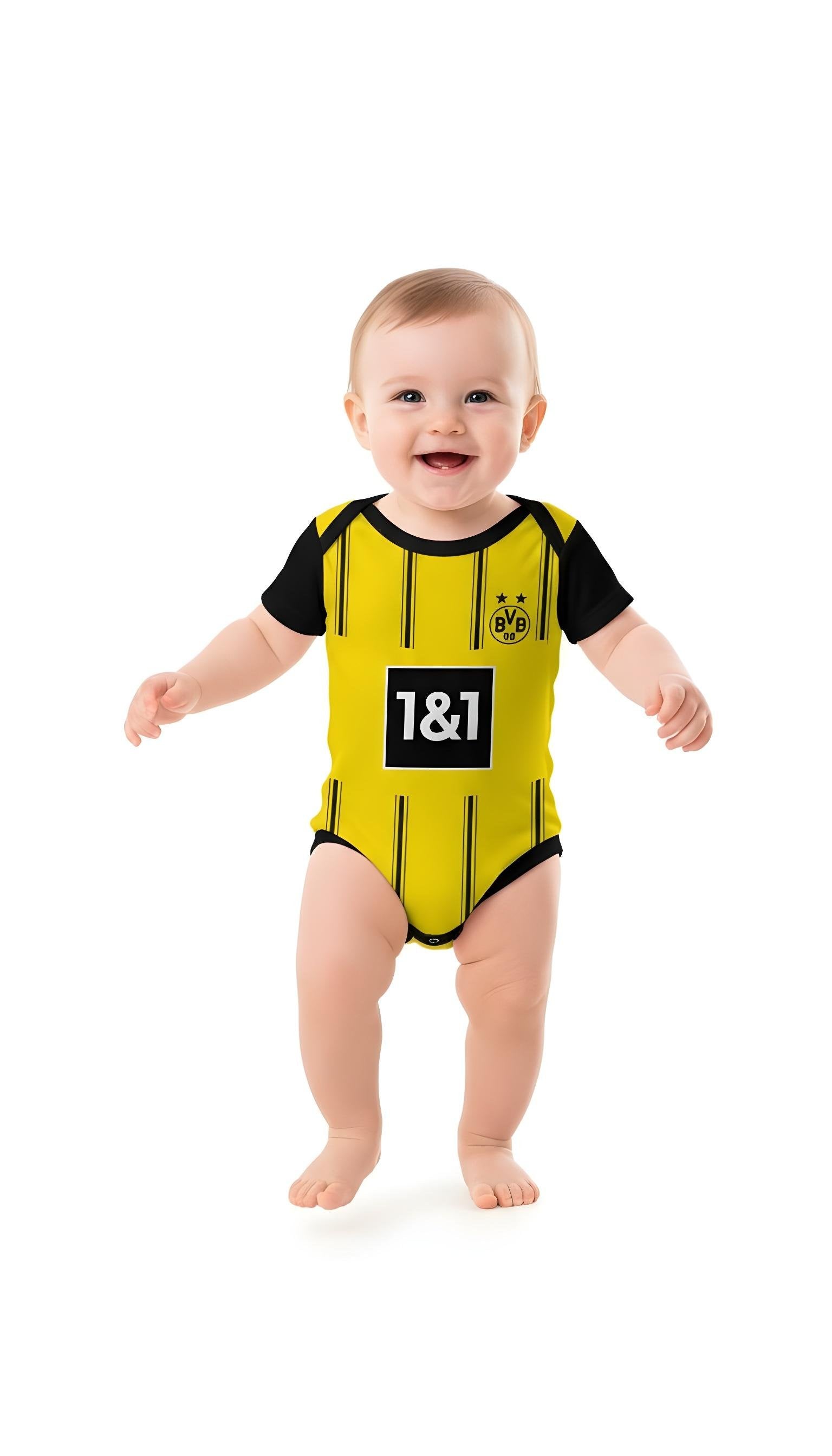 Toddler wearing a Borussia Dortmund baby onesie against a white backdrop