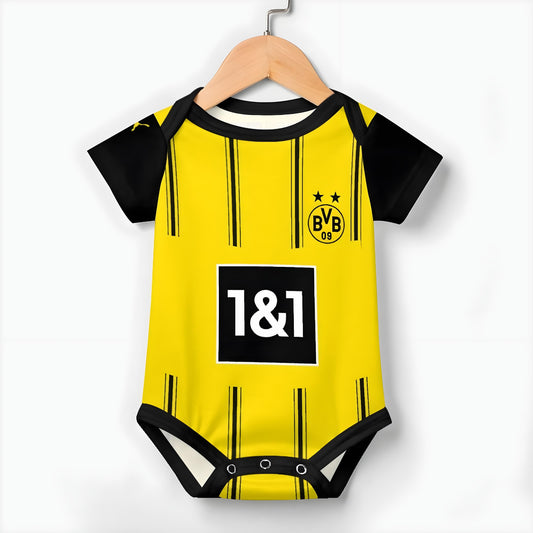 Borussia Dortmund baby onesie hanging on a hanger against a white backdrop
