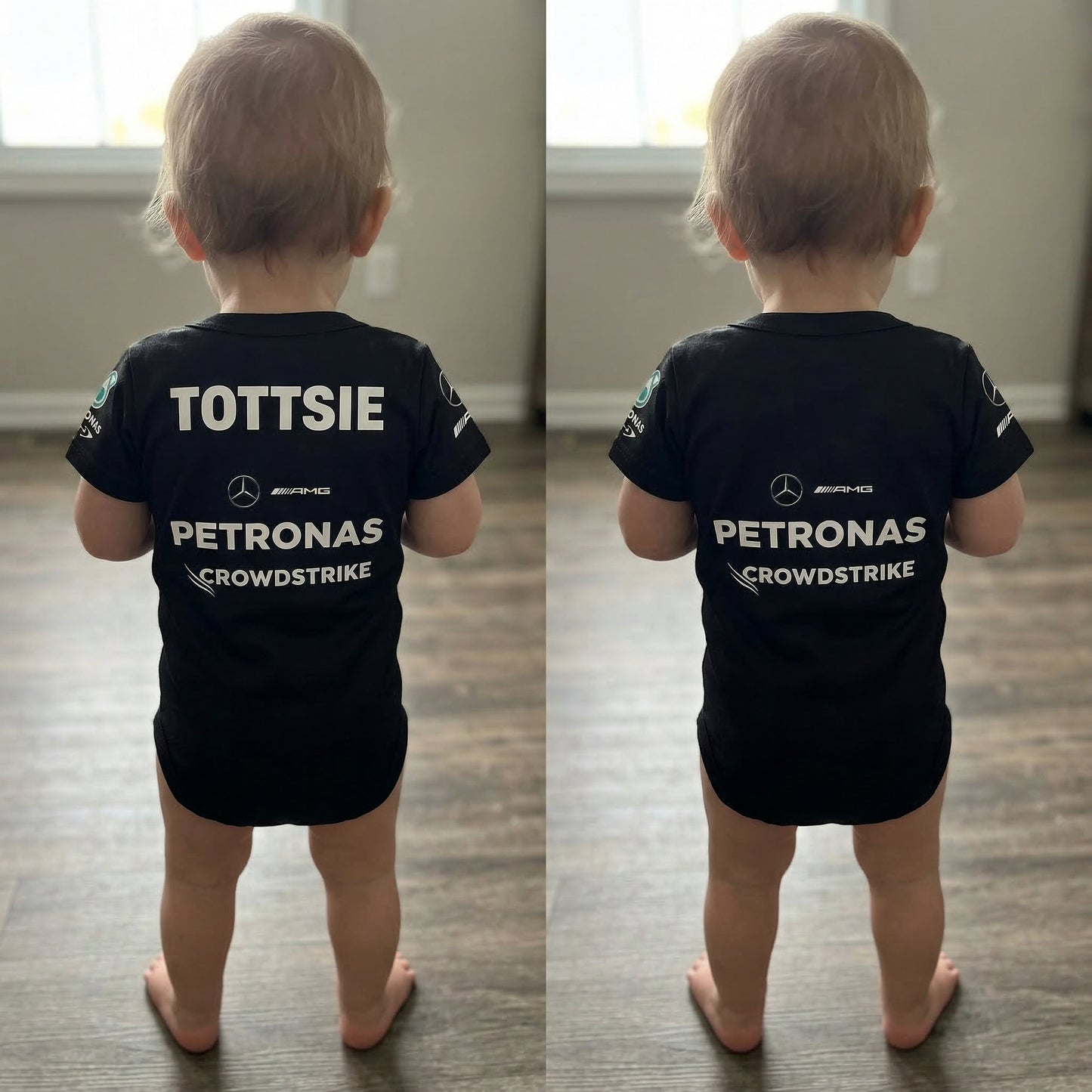 comparison image of personalization of mercedes f1 baby onesie bodysuit