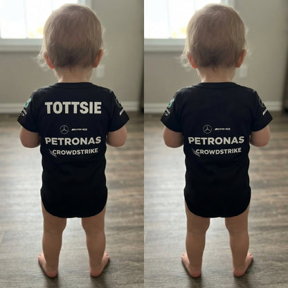 comparison image of personalization of mercedes f1 baby onesie bodysuit