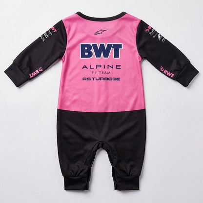 Alpine 2025 baby onesie back flat lay pink and black with BWT and Alpine F1 Team lettering
