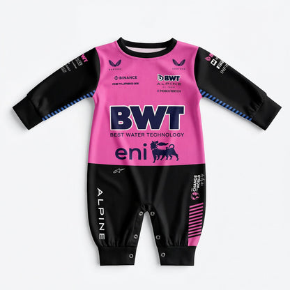 Alpine 2025 baby onesie front flat lay in pink and black with BWT eni and Alpine racing sponsor logos