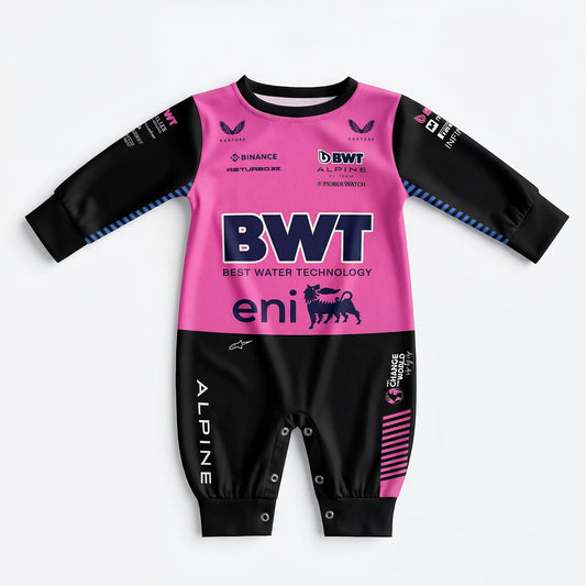 Alpine 2025 baby onesie front flat lay in pink and black with BWT eni and Alpine racing sponsor logos