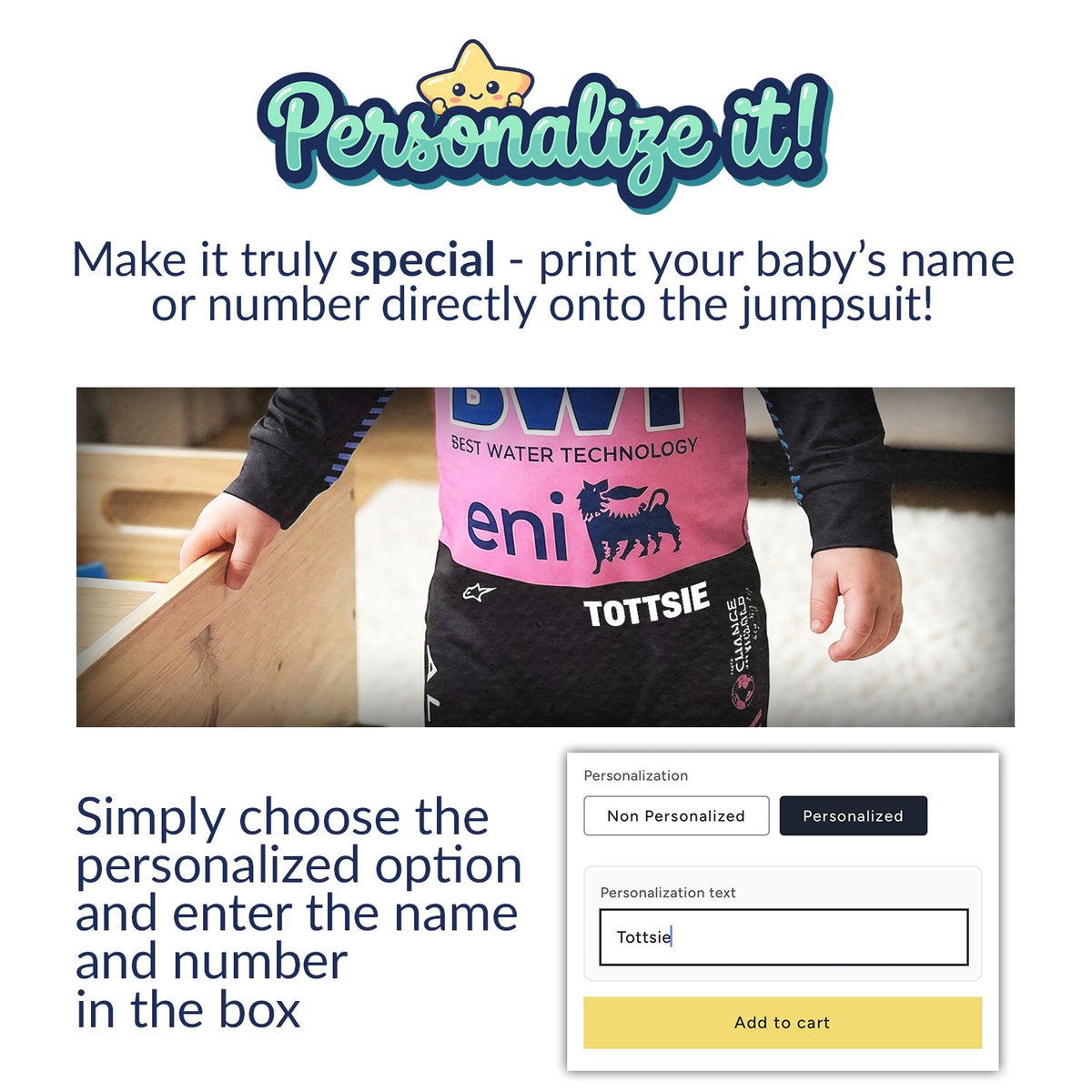 Alpine 2025 baby onesie personalization guide showing custom name print and Shopify personalized option box