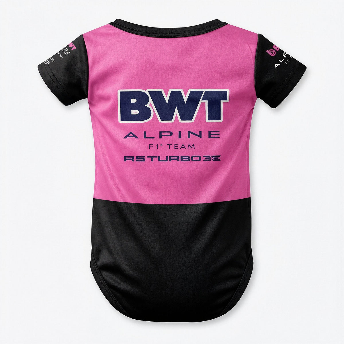 BWT Alpine F1 Team 2025 baby bodysuit back view pink and black with team sponsor logos