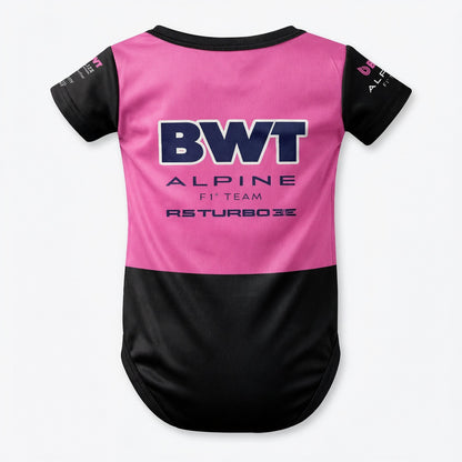 BWT Alpine F1 Team 2025 baby bodysuit back view pink and black with team sponsor logos