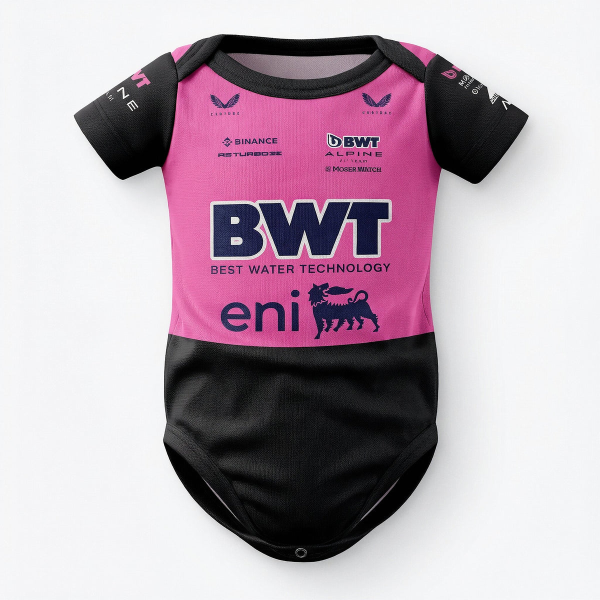 BWT Alpine F1 Team 2025 baby bodysuit front view pink black with BWT and eni sponsor logos