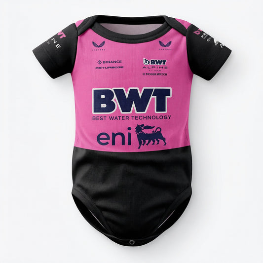 BWT Alpine F1 Team 2025 baby bodysuit front view pink black with BWT and eni sponsor logos