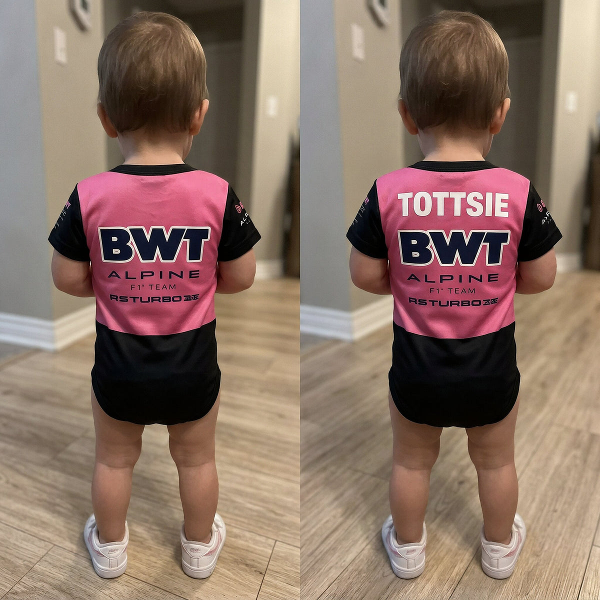 toddler wearing BWT Alpine F1 baby bodysuit back view - plain vs personalized name print comparison