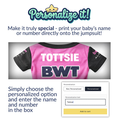 BWT Alpine F1 baby bodysuit personalization option - add custom name or number to back of bodysuit