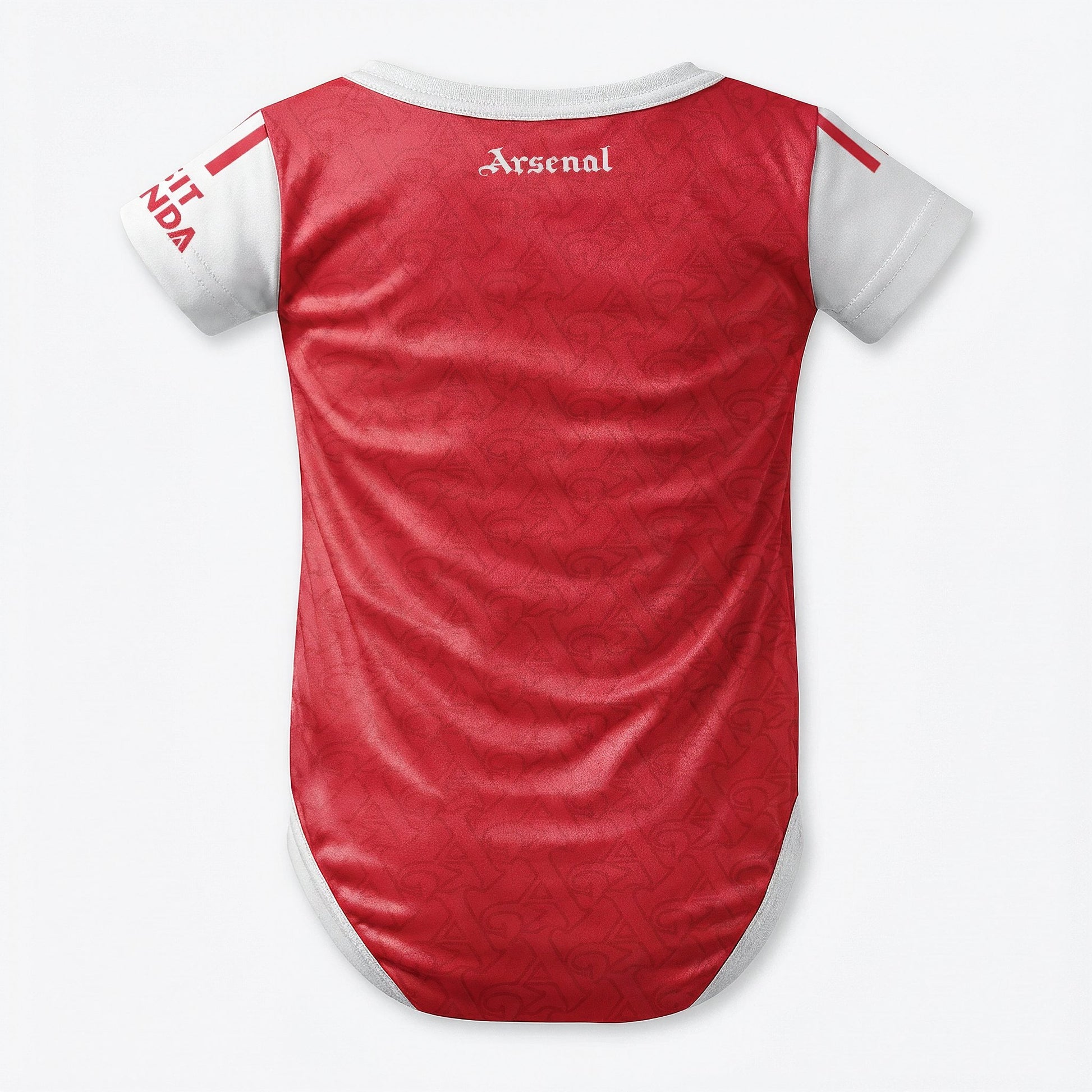Arsenal 25/26 baby bodysuit back view red kit with Arsenal script text at collar white sleeves