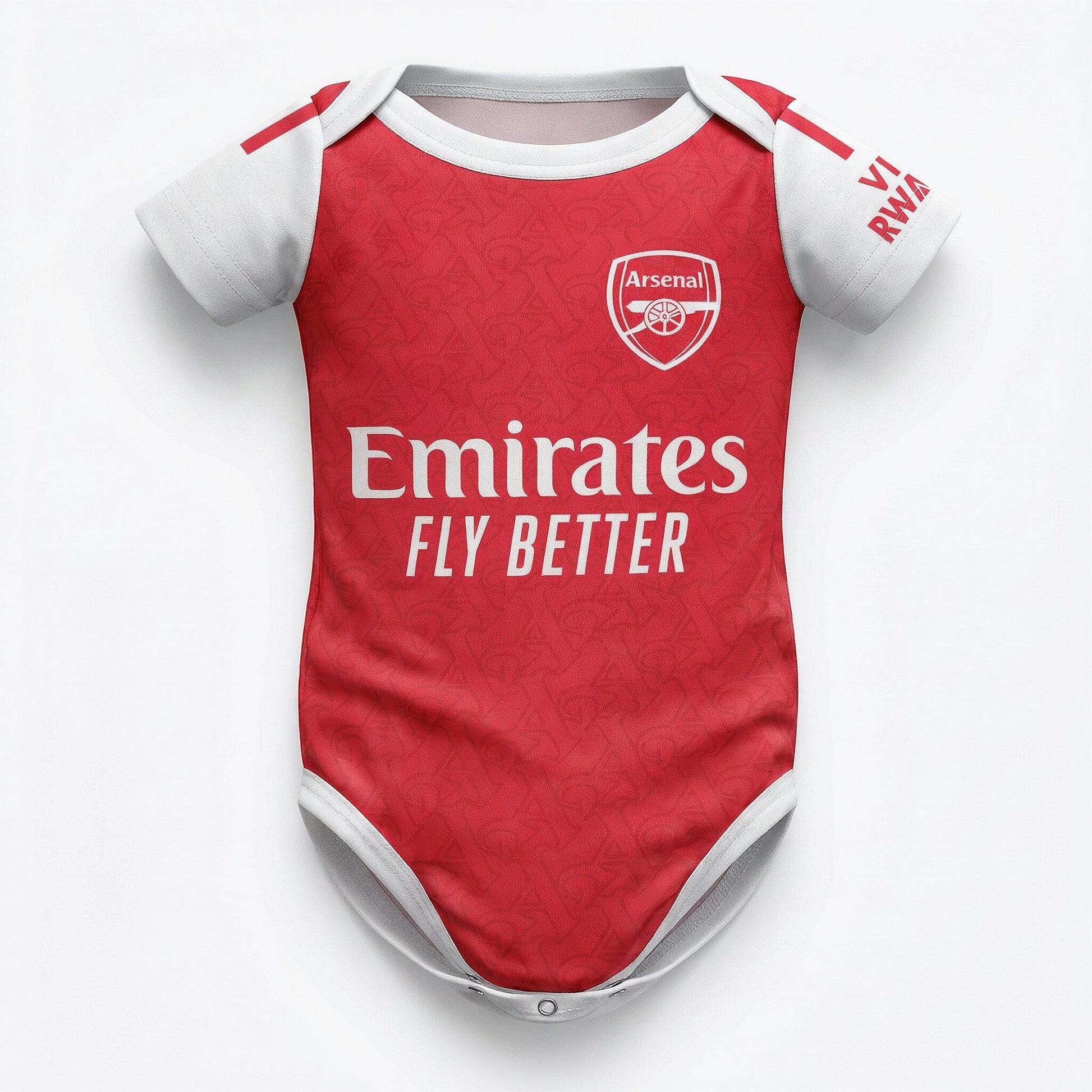 Arsenal 25/26 baby bodysuit front view red kit with Emirates Fly Better sponsor and cannon crest
