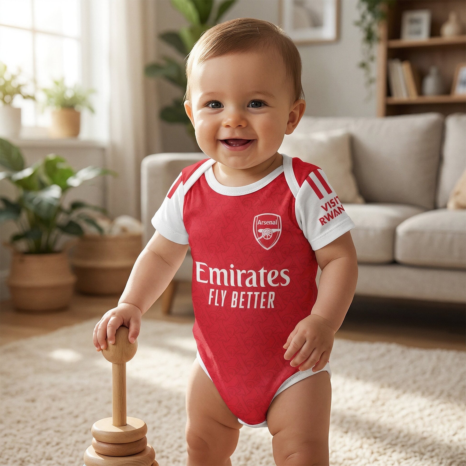 smiling baby wearing Arsenal 25/26 red bodysuit standing in bright living room with wooden toy