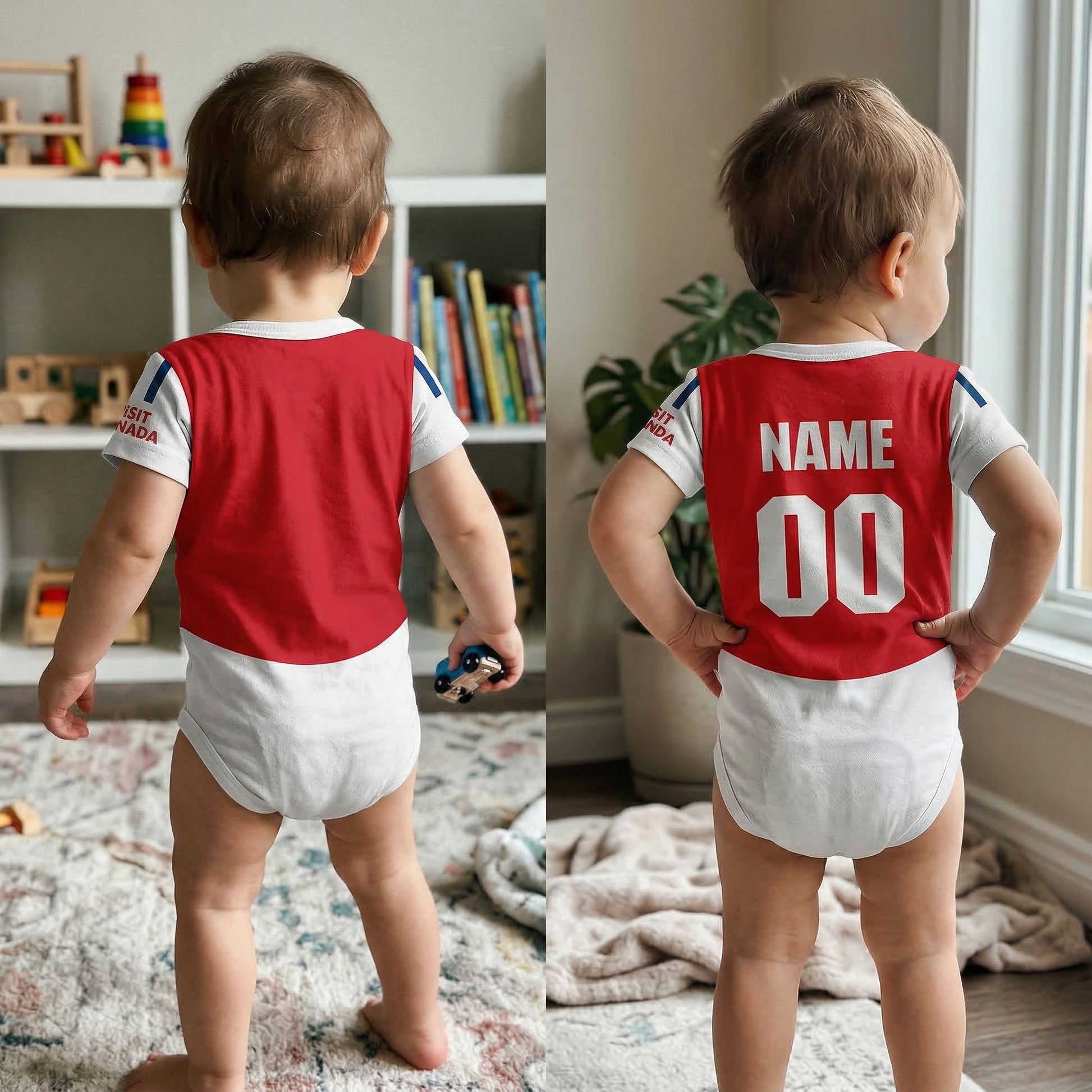 side by side collage of arsenal babby onesie worn by a toddler with and without personalization