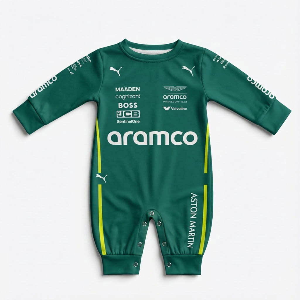 Aston Martin racing Formula One inspired baby oneise jumpsuit