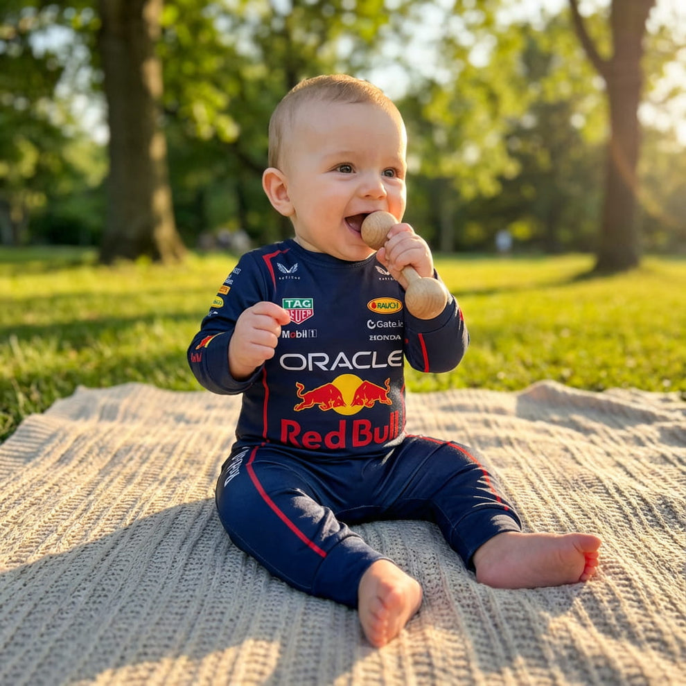 Baby wearing a Red Bull inspired racing jumpsuit outdoors