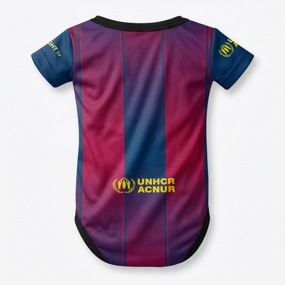 Barcelona 25/26 baby bodysuit back view showing UNHCR ACNUR sponsor logo